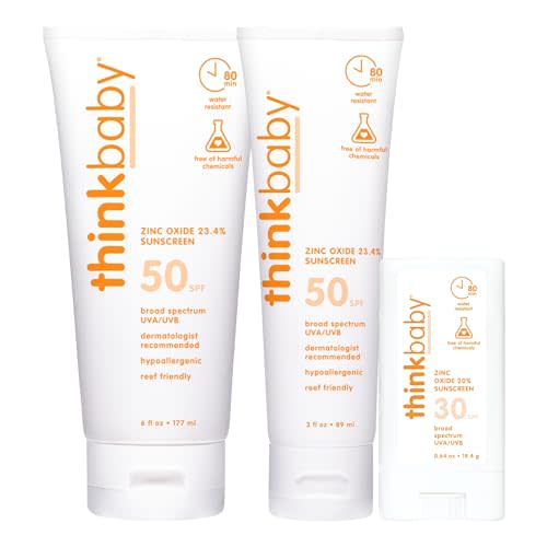 Thinkbaby SPF 50 + Baby Sunscreen 3 Oz + Thinkbaby SPF 50+ Baby Sunscreen 6 Oz + Thinkbaby SPF 30 Sunscreen Stick 0.64 Oz