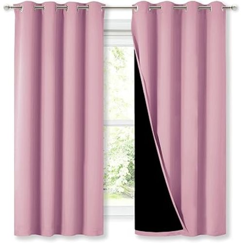 NICETOWN 100% Blackout Curtains with Black Liners, Thermal Insulated Full Blackout 2-Layer Lined Drapes, Energy Efficiency Window Draperies for Bedroom (Crystal Pink, 2 Panels, 52-inch W by 63-inch L)