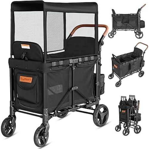 Wagon Stroller for 2 Kids - Double Seater Push Stroller with Canopy | Collapsible Foldable Wagon for Kids Toddlers & Infants with Removable Seat Pads