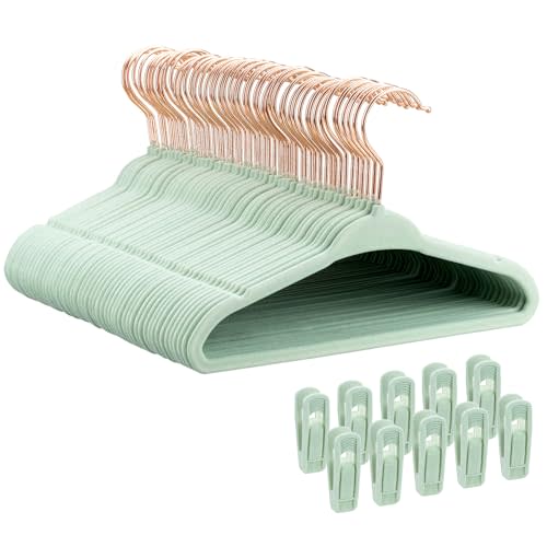 Tonswachic Baby Hangers 11 Inch, 50 Pack Velvet Baby Clothes Hangers Non-Slip Ultra-Slim Children Hangers with 10 Clips for Infant Toddler Newborn, Space-Saving Closet Organization - Green
