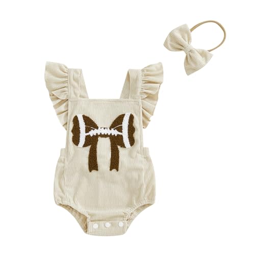 Karuedoo Newborn Baby Girl Football Clothes Football Bow Embroidery Ruffle Sleeveless Corduroy Romper Bodysuit with Headband