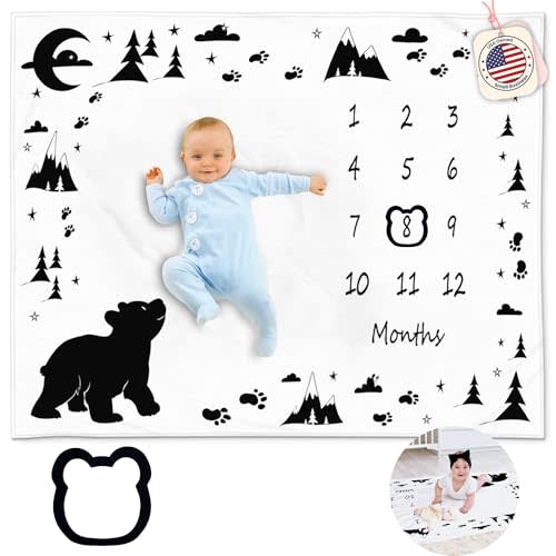 KEMINA BLANKETS Bear Baby Milestone Blanket for Boys, Includes Felt Frame, 50x40