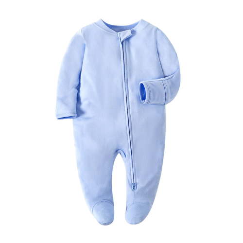 Zwiiyzr 0-12M Unisex Baby Girls Boys Long Sleeve Zipper Onesie Solid Color Newborn Footie One-Piece Infant Romper Jumpsuit Light Blue
