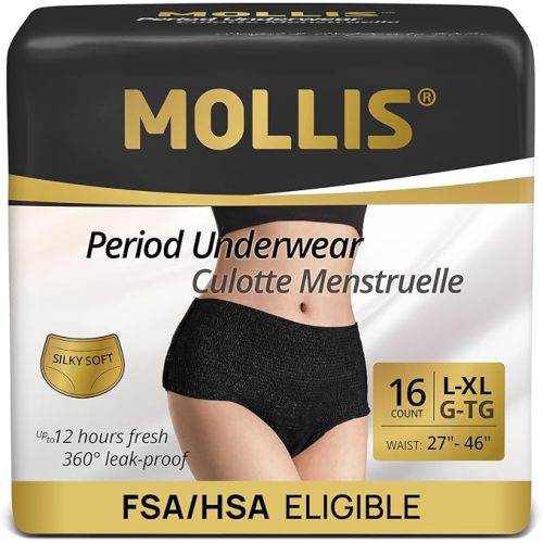 MOLLIS Overnight Disposable Period Underwear for Women, Postpartum Panties, Maternity Knickers Heavy Flow Leak Proof, Black, Large/X-Large, 8 Count