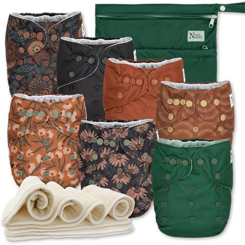 Nora's Nursery Cloth Diapers 7 Pack with 7 Inserts & 1 Wet Bag - Waterproof Cover, Washable, Reusable & One Size Adjustable Pocket Diapers for Newborns and Toddlers - Dahlia