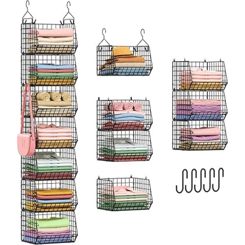 X-cosrack 7 Tier Foldable Hanging Closet Organizer and Storage,Wire Closet Shelving with 4 Large Hooks+ 5 S Hooks,Hanging Basket for Clothes Sweaters Shoes Handbags,Small Closet Organizers