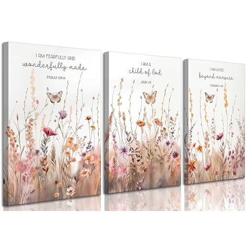 3Pcs Christian Nursery Canvas Wall Art Bible Verse Wildflowers Floral Painting Pictures Wall Decor Poster Print Artwork for Living Room Bedroom Girls Room Home Decorations