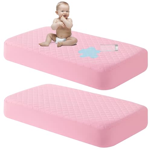 NTBAY 2 Pack Waterproof Mini Crib Mattress Protector, Quilted 24"x38" Fitted Mattress Cover - Machine Washable - Soft and Breathable Baby Mattress Pad Sheet for Mini Crib and Baby Playards, Pink
