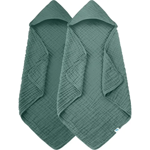 SWEET DOLPHIN Muslin Hooded Baby Bath Towels - 2 Pack 100% Cotton Towel for Babies, Infants, Toddlers - 32x32Inch - Highly Absorbent and Newborn Essential, Deep Emerald