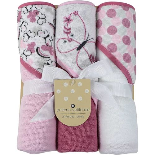 Cudlie Buttons & Stitches Baby Girl 3 Pack Rolled/Carded Hooded Towels in Butterfly Polka Print (GS71727)