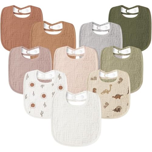 Susurration Muslin Baby Drool Bibs 10Pack Soft Square Adjustable Bandana Bibs for Unisex Baby Girls & Boys