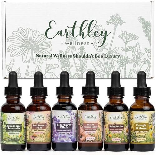 Earthley Wellness Family Organic Herbal Tincture Set, Cough Support Bundle with Elderberry, Cough, Feel Better Fast and More, Alcohol Free Formulas, Carry Bag Included (6 Set, Organic Herbal Formulas)