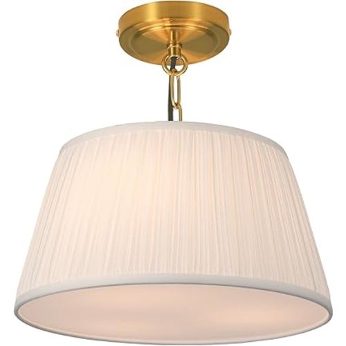 Electro bp; 12.6”Dia White Pleated Fabric Drum Shade Ceiling Light Fixture Farmhouse Brocade Linen Cone Shape Close to Semi-Flush Mount,Polished Gold,2 Sockets,E26,120W;