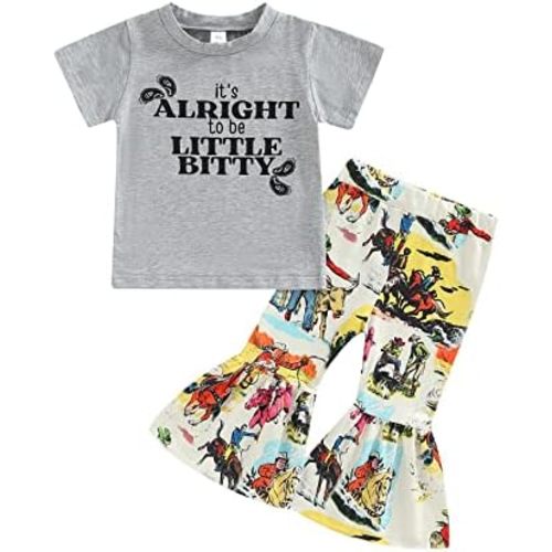 2Pcs Toddler Baby Girl Clothes Letter Print Short Sleeve T-Shirt Top Bell-Bottom Pants Western Cowgirl Outfit Set