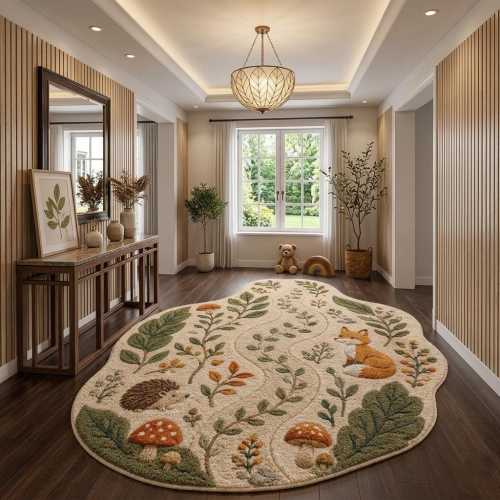Woodland Fox Hedgehog Rug | Tufted Nature Botanical Playroom Carpet