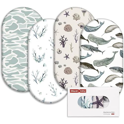 Gllquen Baby Bassinet Sheets 4 Pack, Breathable Cozy Fitted Mattress Sheet, Elastic Travel Crib Fashionable Floral Pattern, Standard Cradle Safe Sheets for Baby Boy Girls 32"X16" (Marine)