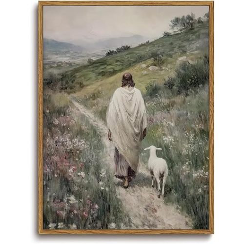 KISSFOX Jesus Canvas Wall Art Jesus Leaves The 99 Sheep Framed Wall Art Christian Religious Serenity Prayer Canvas Art Prints Artwork For Prayer Room Living Room Bedroom Kitchen, 16x24 inch
