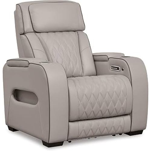 Signature Design by Ashley Boyington Contemporary Leather Match Power Recliner with Adjustable Headrest, Cup Holders, USB Port and Air Massage System, Light Gray