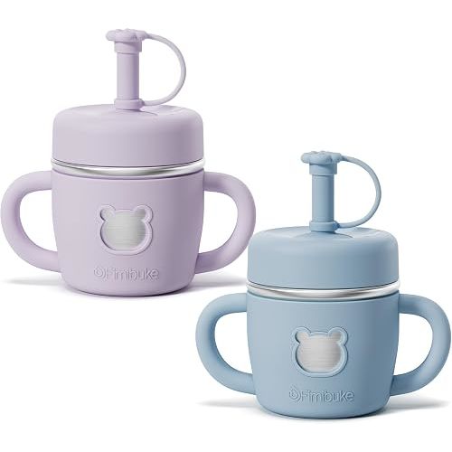 Fimibuke Sippy Cups for Toddlers, 10 OZ Spill Proof Kids Cup, Leak Proof Stainless Steel Tumbler with Handle, Silicone Straw & Sleeve, BPA Free Dishwasher Safe Girl Boy Kids Water Bottle, 2 Packs