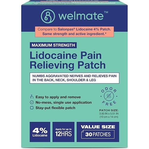 WELMATE | 4% Lidocaine Numbing Patch | Maximum Strength | Temporary Relief of Pain, Back, Neck, Shoulders, Knees, Elbows, Minor Skin Irritations | Topical Analgesic Unscented | 30 ct
