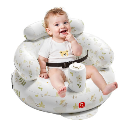QPAU Inflatable Baby Seat with Safety Harness, Baby Chair for Sitting Up (3 Months & Up), Portable Blow Up Baby Stuff with Built-in Pump (Flowers)