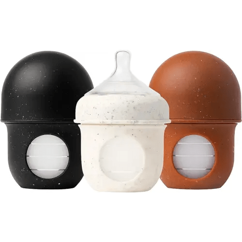 Boon Nursh Reusable Silicone Pouch Baby Bottles - Slow Flow Nipple - Silicone Baby Bottle Pouch and Nipple - Baby Feeding Essentials - Speckle - 0-3 Months - 3 Count - 4 Ounce