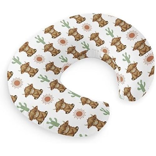 HawSkgFub Highland Cow Boho Cactus Sun Nursing Pillow Cover for Baby Boy Girl, Western Hyland Cattle Themed Breastfeeding Pillow Slipcover, Cow Lover Nursing Pillowcase for Newborn Infant, Cover Only