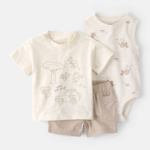 Baby Boy 3-Piece Into The Wild Short-Sleeve Top & Short Set - White/Brown | Carter’s Oshkosh Canada