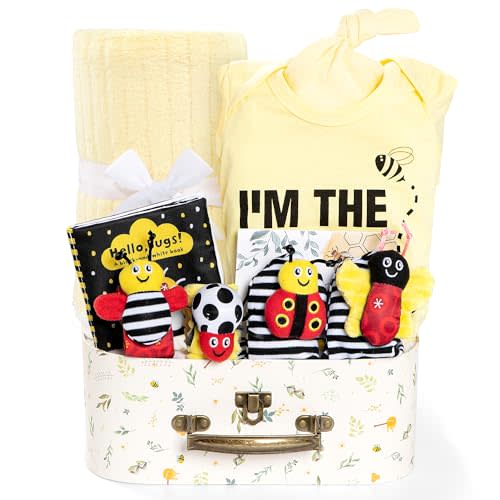 iAOVUEBY Baby Gift Set for Newborn, Bee Baby Shower Gifts Basket, High Contrast Baby Book Toys 0-6 Months Infant Rattle Socks Blanket Hat Onesie Baby Gifts Essentials for Girls Boys