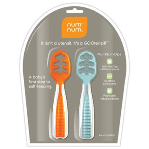 NumNum Baby Spoons Set, Baby Essentials Pre-Spoon GOOtensils for 6+ Months, First Stage Self-Feeding Spoons for Baby Led Weaning (BLW), Silicone Toddler Utensils, BPA-Free, 2 Pack Blue/Orange