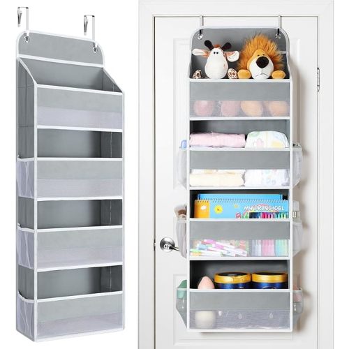 Yecaye Over The Door Organizer, Heavy Duty Hanging Organizers and Storage with 4 Large Capacity Pockets, Swing-Proof Behind The Door Storage for Bathroom Nursery Bedroom Dorm Closet, Grey