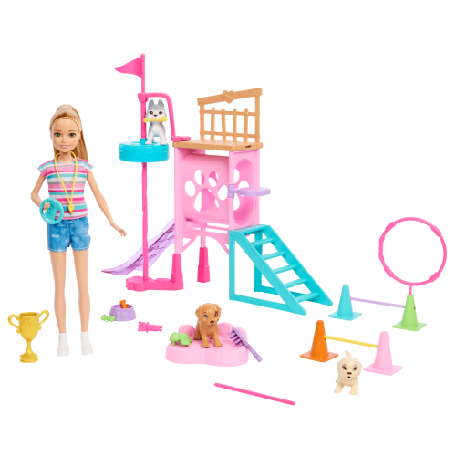 Barbie and Stacie to The Rescue Puppy Playground Playset with Doll, 3 Pet Dog Figures, Multicolor