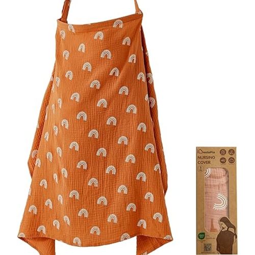 Muslin Nursing Cover for Breastfeeding, 100% Cotton Breastfeeding Apron, Lightweight & Breathable, Full Coverage with Adjustable Strap, 1 Pack (Rainbow Gradient)