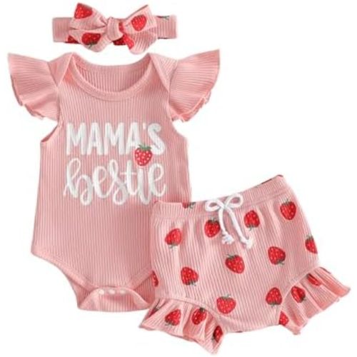 3 Piece Baby Girl Outfit Mamas Bestie Flying Sleeve Romper Strawberry Ruffle Shorts Set Infant Summer Clothes Headband