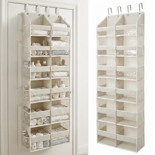 Homelux Theory Extra Wide Over the Door Organizer, 6 Large Front and 12 Mesh Side Pockets, 65 lb Capacity Hanging Storage for Closet, Bathroom (Ivory)