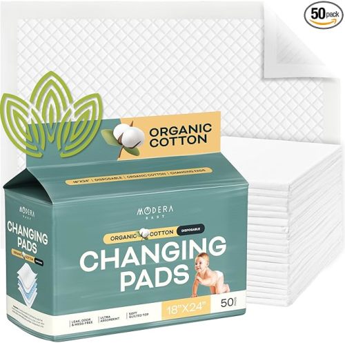 Organic Cotton Disposable Changing Pad Liners | Large 18x24 Hypoallergenic Ultra Absorbent & Waterproof Super Soft, Quilted Underpads for Baby Diaper Table & Travel, Leak Proof & Mess Free [50-Pack]