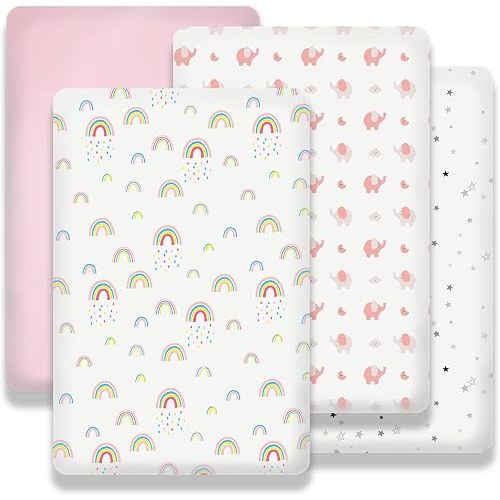 Plushii 4PK Mini Crib Sheets,Fitted for Pack and Play Mattress, 38"x 26"