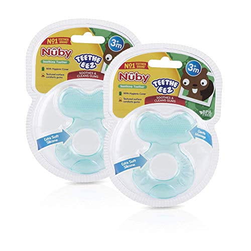 Nuby Silicone TeeThe-EEZ Teether with Bristles, Includes Hygienic Case, Aqua Count of 2