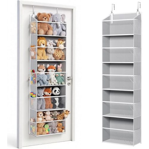 ULG Stuffed Animal Organizer Over the Door, Large Hanging Plush Toy Storage with Mesh Window, Cotton Kids Toy Organizer for Bedroom, Nursery, Playroom & Baby Items Clear Grey