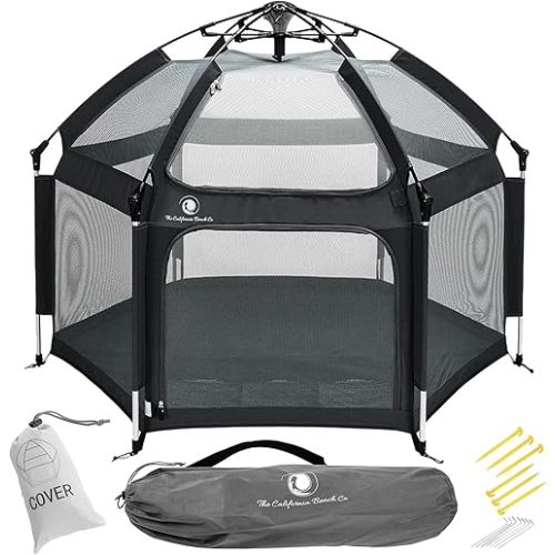 POP 'N GO PLAYPEN - Indoor & Outdoor Baby Playpen for Babies and Toddlers - Baby Beach Tent, Foldable, Portable W/Canopy, Travel Bag, & Mosquito Net - Pop Up Pack and Play Tent (Black)