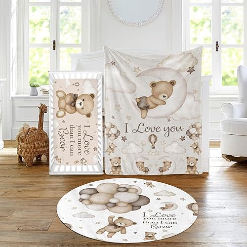 Baby Crib Bedding Set - Moon Animal Nursery Bed 3 Pcs Set - Chic Soft Blanket, Sheet, Crawling Rug for Newborns Boys Girls Gifts Color20-Bear