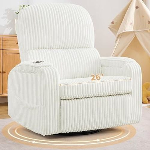 Power Swivel Rocker Recliner,Oversized Glider Recliner Nursery with Adjustable Headrest,Rocking Chair Nursery Recliner with Removable Cushion and Arm Storage for Living Room,Infinite Position,White