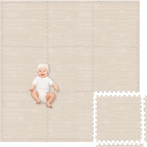 Play Platoon Non-Toxic Large Baby Play Mat for Floor, 9 Tile 72 x 72 inch - Extra-Thick Interlocking Foam Floor Tiles 24 x 24 in Puzzle Mat Pieces with Border, Playmat Rug for Kids - Brushed Cotton