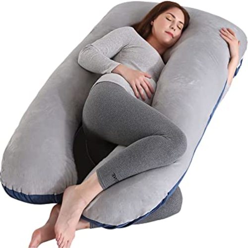 Amagoing 55 inches Pregnancy Pillows for Sleeping, U Shaped Maternity Full Body Pillow for Pregnant Women with Hip, Leg, Back, Belly Support, Washable Velet Cover Included (Velvet Grey & Blue)