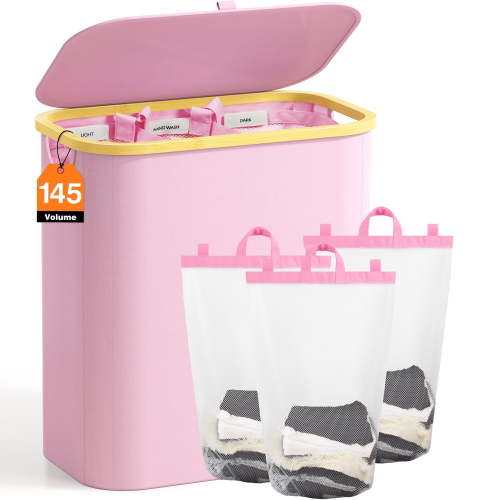 Bathola Laundry Hamper with Lid, 145L Extra Large Hamper 3 Section Dirty Clothes Hampers for Divided Basket Organizer for Bedroom, Laundry Room, Pink
