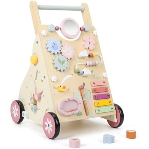 Wooden Baby Walker, Baby Push Walker, Push Walker Toys for Babies Learning to Walk & Sit-to-Stand, with Montessori Sensory Toy & Activity Center for Girls Boys