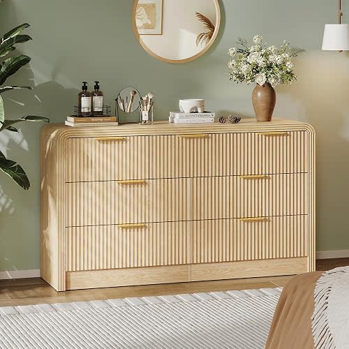 Decofy 55" W Fluted 7-Drawer Dresser for Bedroom, Natural Oak