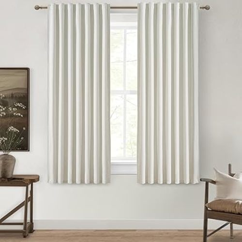Pleated Curtains with Pin Hooks Linen Kitchen 45 Inch Length 2 Panels Set, Blackout Curtains with Rings Back Tab for Small Window Soundproof Heat Blocking Drapes (BeigeWhite W50 xL45)