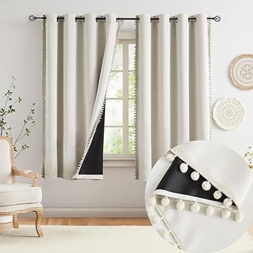 Jubilantex Pom Pom Blackout Curtains Beige Thermal Insulated Curtains Blackout Window Treatments 63" Long for Girls Kids Bedroom,52" Wide,2 Panels