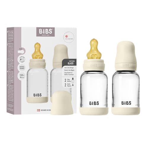 BIBS Glass Baby Bottles 2-Pack, 4 Oz. Anti-Colic System for Gas Reduction. Vented Round Natural Rubber Latex Nipple. Supports Infant and Newborn Breastfeeding - 120 ml (Pack of 2), Ivory